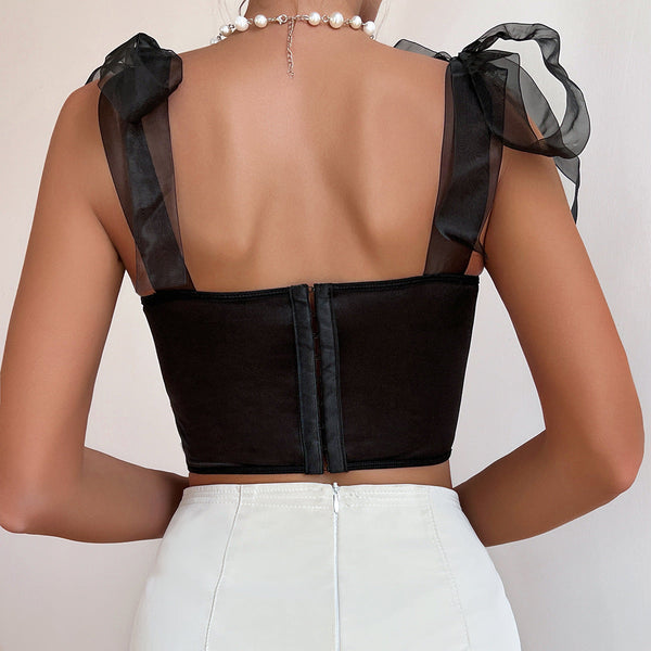 Cross Border Butterfly Embroidery Fitted Lace Up Spicy Girl  Crop Top Women Crop Tees