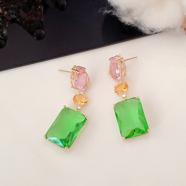 Veile Studios Pink Droplet Geometric Square With Transparent Zircon In Candy Colour Earrings
