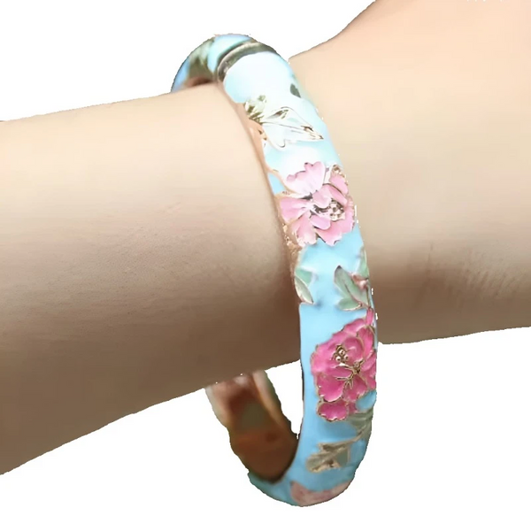 Peony Flower Chinese Filigree Traditional Cloisonne Enamel Ethnic Spring Hinged Cuff Bangles For Women Bracelets