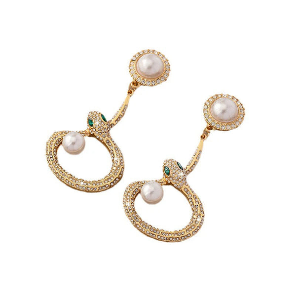 Veile Studios Gold Round Pearl With Crystal Accents And Snake Design For Women Earrings
