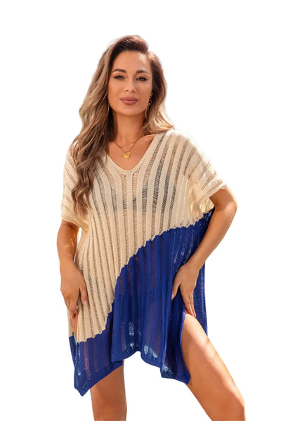 Womens Sun Protection Patchwork Hollow Bikini Beach Cover Shirt Swimwear