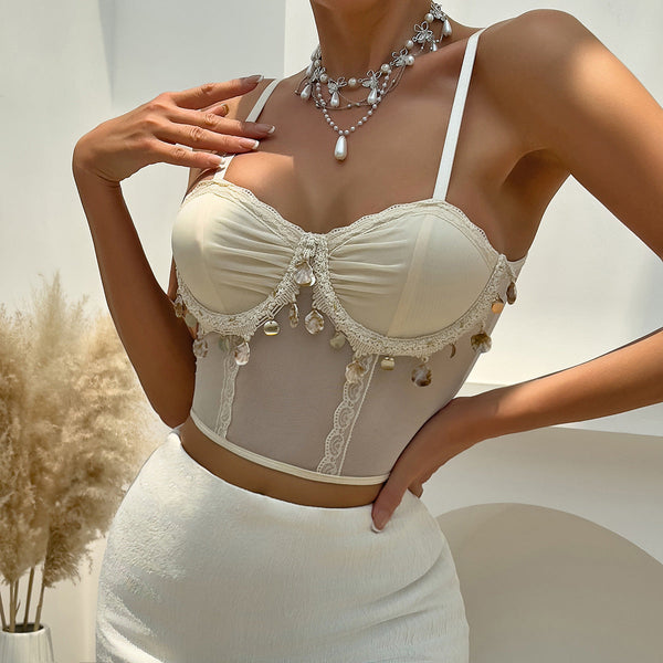 Luxury Solid Mesh Breathable Shell Pendant Sweet Girl Underwire Gathered Small Camisole Tops