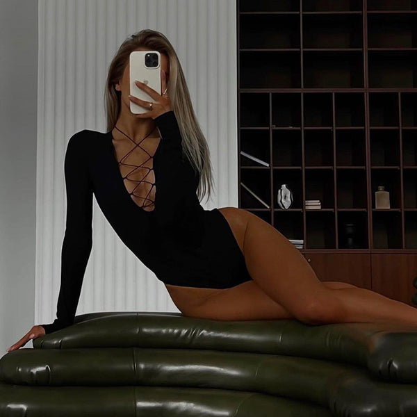 Solid Color Fitted Lace Up Hollow Out Women's Long Sleeve Fashion Belted Jumpsuit Thin Jumpsuits Rompers & Playsuits