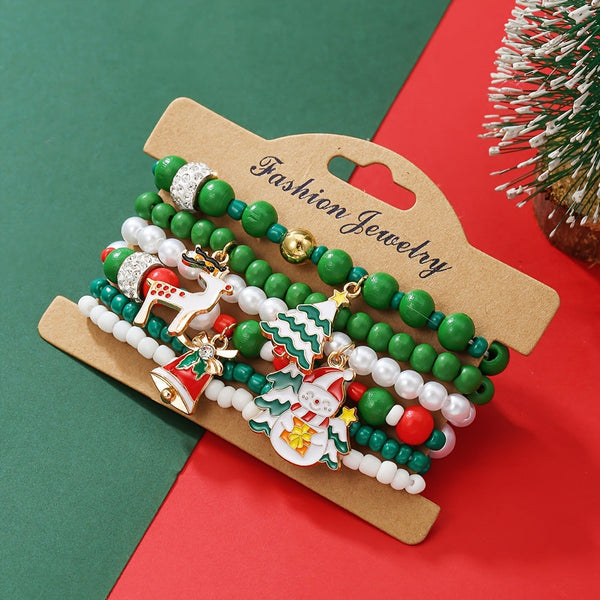 Christmas Bracelet Set With Reindeer Bells Tree Beads And Woven Polymer Clay. Bracelets