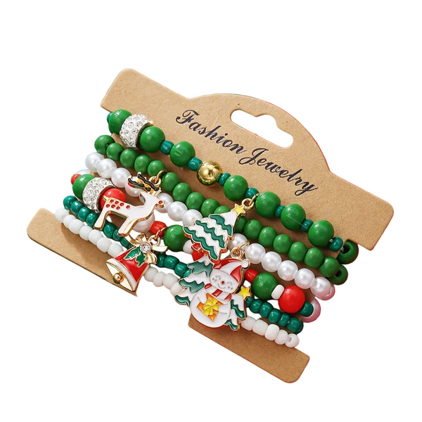 Christmas Bracelet Set With Reindeer Bells Tree Beads And Woven Polymer Clay. Bracelets