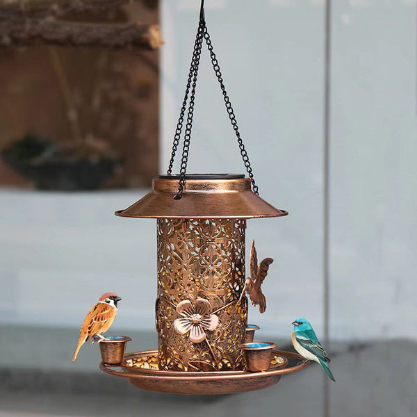 Outdoor Solar Powered Lamp Metal Hanging Bird Feeder Feeding And Watering Dual Purpose Decorative Lanterns