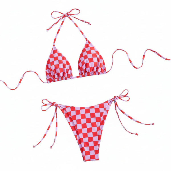 Lace Up Multi Color Checkered Split Swimsuit Women's Bikini Swimwear