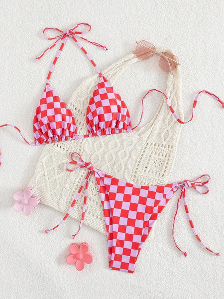 Lace Up Multi Color Checkered Split Swimsuit Women's Bikini Swimwear
