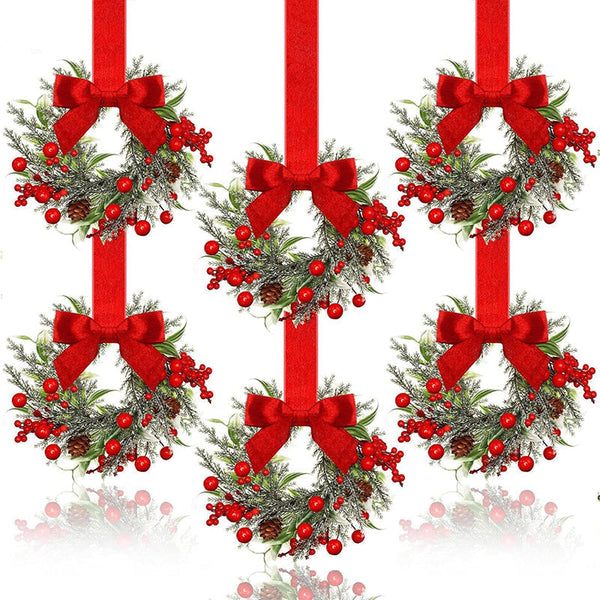 Farmhouse Mini Christmas Cabinet Wreaths Set Of 6 With Ribbon Tie Ons Seasonal Decorations