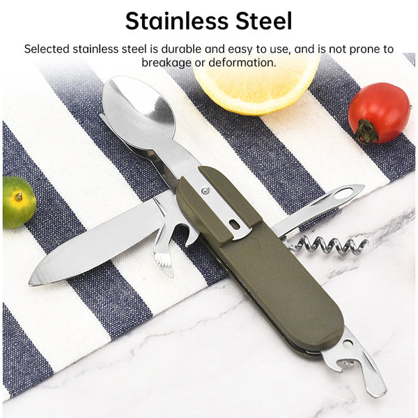 7 In 1 Multifunctional Stainless Steel Foldable Outdoor Camp Tableware: Fork Spoon Knife. Survival Tools Picnic Camping. Outdoor Tableware