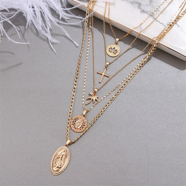 Veile Studios Retro Large Virgin Mary Golden Lotus Cross Multi Layer Pendant Necklace Necklaces & Pendants