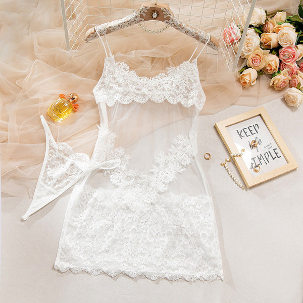 Dnika Mesh Splicing Strapless Nightgown Transparent  Bodycon Dress Spicy One Piece Short Skirt Set With Thong Sleepwear