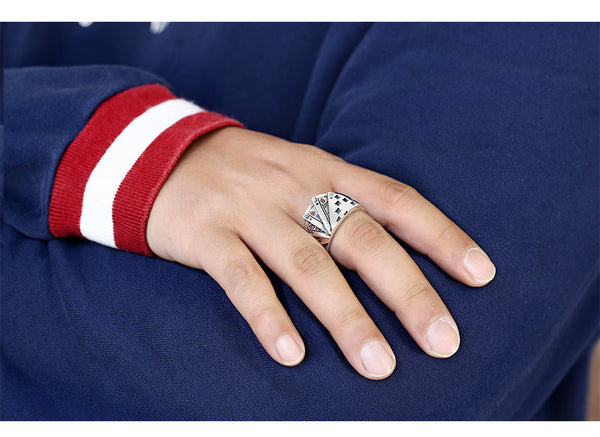 Silver Ring With Poker Pattern Opening For Men And Women Retro Unique Design Rings