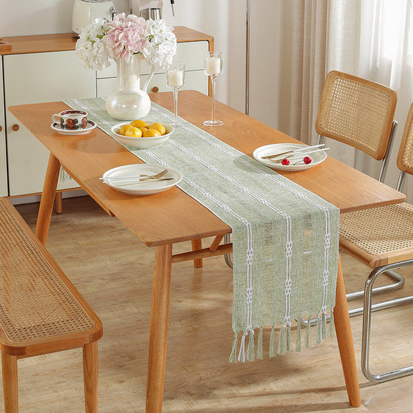 Hand Woven Cotton Linen Table Runner With Tassels Farmhouse Aesthetic Decor Table Cloths