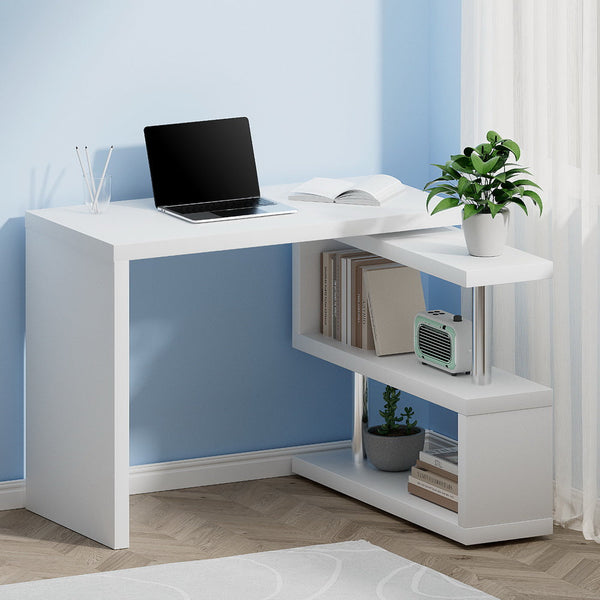 Computer Desk L Shape Bookshelf With Rotatable Shelf And Storage Space White Home Office Desks
