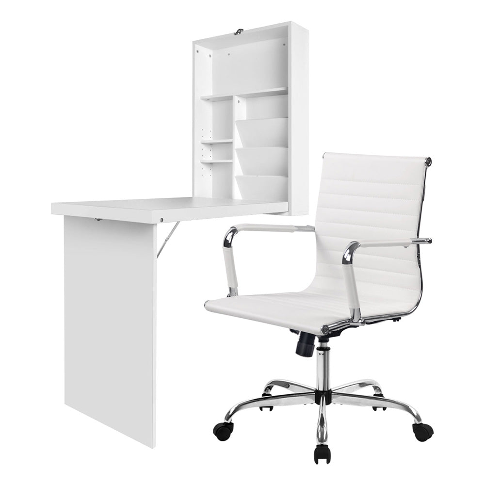 Artiss Computer Desk Office Chair Set Pu Leather Wall Mount Foldable Table White Home Office Desks