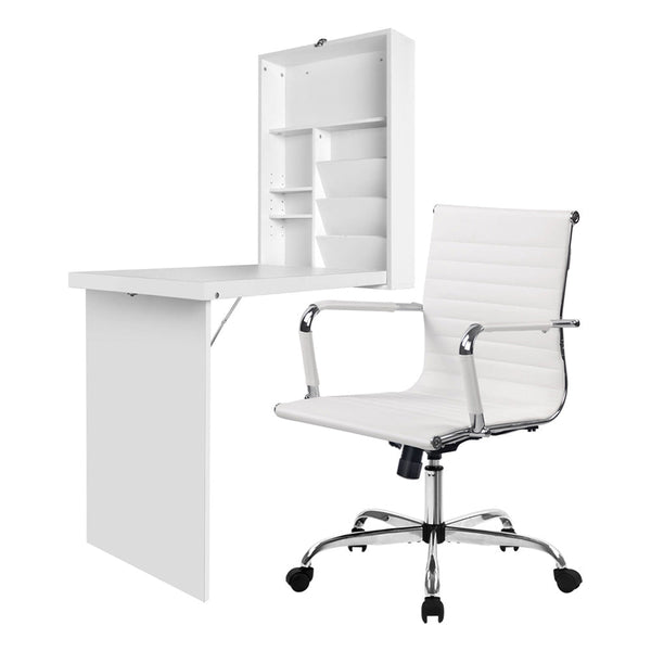 Artiss Computer Desk Office Chair Set Pu Leather Wall Mount Foldable Table White Home Office Desks
