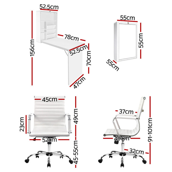 Artiss Computer Desk Office Chair Set Pu Leather Wall Mount Foldable Table White Home Office Desks