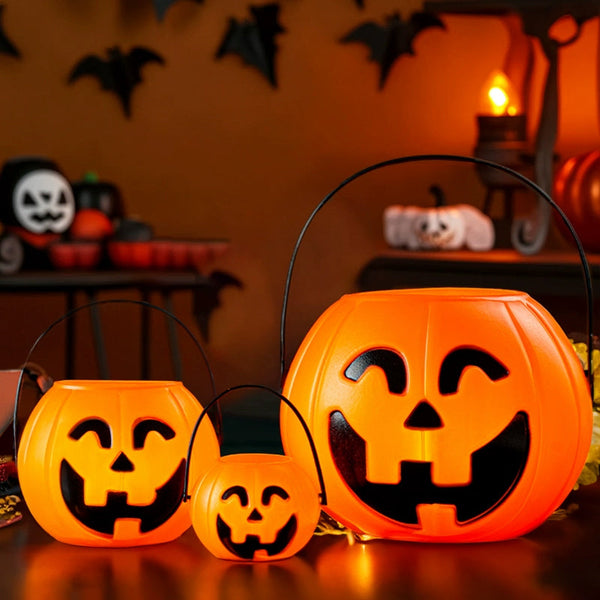 3 Pack 7 Inch Plastic Halloween Pumpkin Buckets Kids' Trick Or Treat Candy Holders & Home Decor Seasonal Decorations