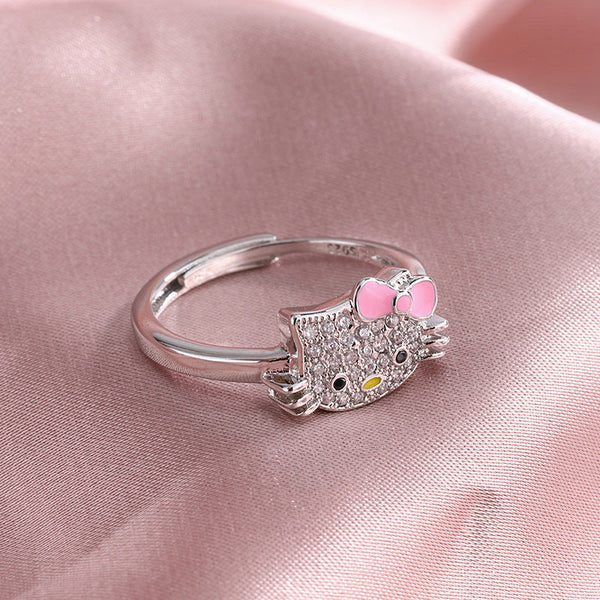 Kitty Cat Open Ring Ear Necklace Jewellery Set Rings