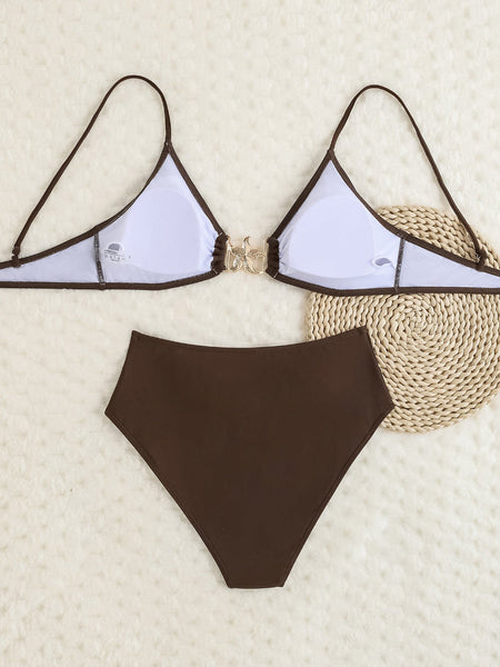 Solid Color Pleated High Waist  Bikini Two Piece Swimsuit Swimwear