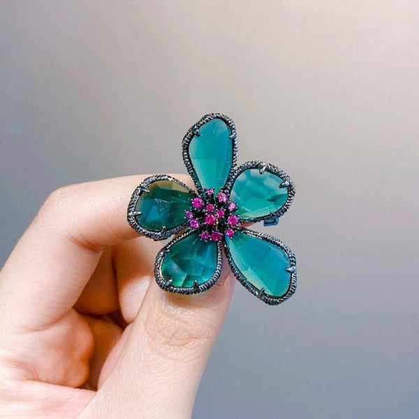 Veile Studios S925 Silver Framed Hot Pink Pistil Turquoise Blue Rhinestone Flower Earrings Ring Brooch Female Fashion Jewellery Jewellery Sets