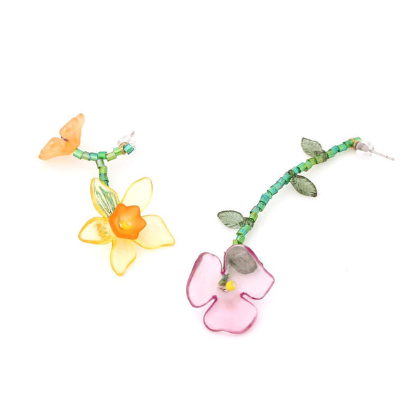 Veile Studios Personalized Asymmetric Handwoven Flower Crafted From Plastic Resin Earrings