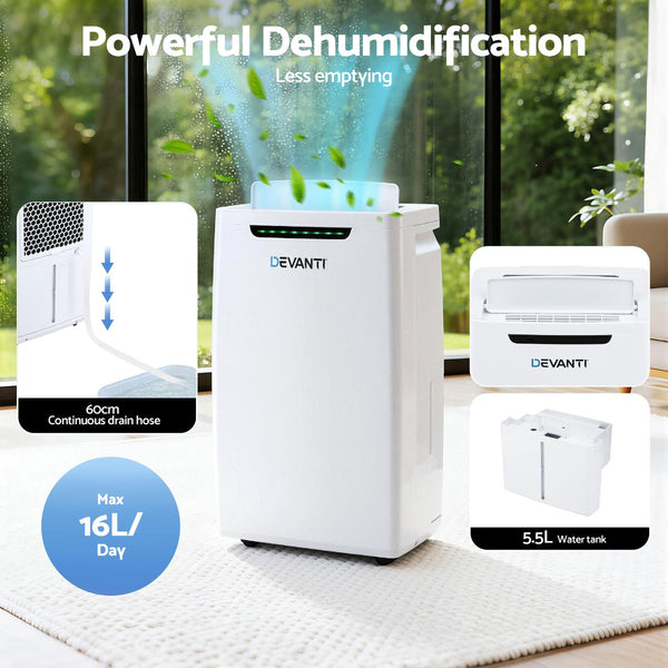 Devanti 16L Dehumidifier With 5.5L Tank White Dehumidifiers