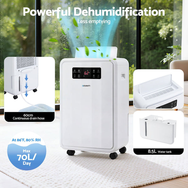 Devanti 70L Commercial Dehumidifier With 8.5L Tank & Carbon Filter Dehumidifiers