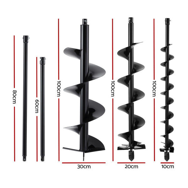 Giantz Post Hole Digger Auger Drill Bit Set 100Mm 200Mm 300Mm Carbon Steel Black Post Hole Diggers & Augers