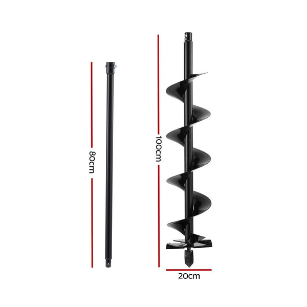 Giantz Post Hole Digger Auger Drill Bit 200Mm With 80Cm Extension Shaft Black Post Hole Diggers & Augers