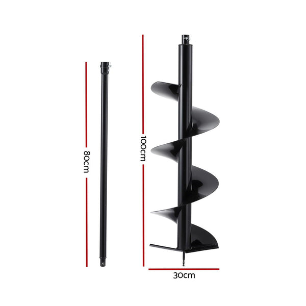 Giantz Post Hole Digger Auger Drill Bit 300Mm With 80Cm Extension Shaft Black Post Hole Diggers & Augers