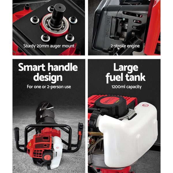 Giantz Post Hole Diggers 92Cc Petrol Extension Auger Bits Post Hole Diggers & Augers