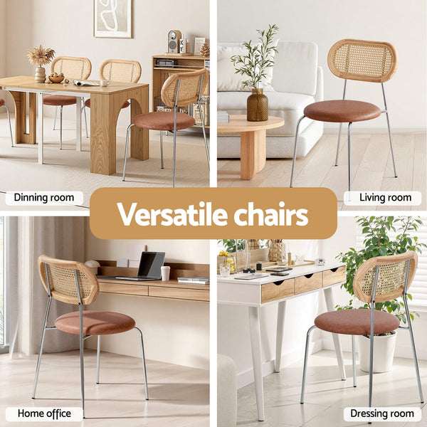 Artiss 2X Pu Leather Rattan Kitchen Lounge Cafe Accent Brown Dining Chairs