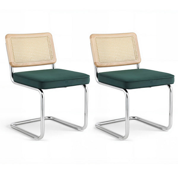 Artiss Set Of 2 Velvet Rattan Cantilever Green Dining Chairs