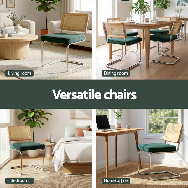 Artiss Set Of 2 Velvet Rattan Cantilever Green Dining Chairs