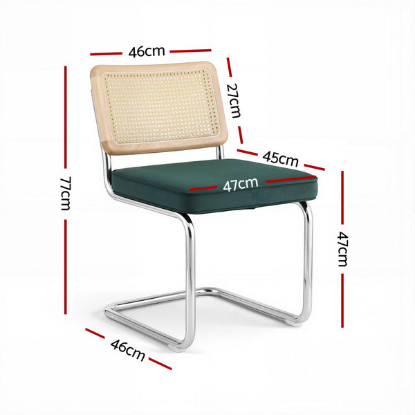 Artiss Set Of 4 Velvet Rattan Cantilever Green Dining Chairs