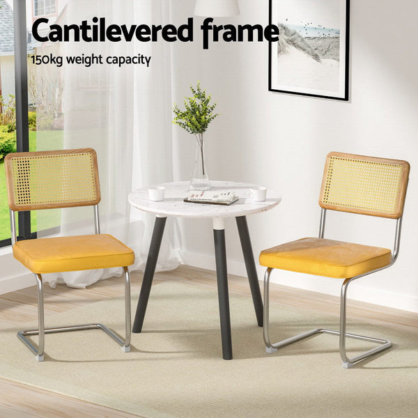 Artiss Velvet Rattan Set Of Four Yellow Furniture Dining Chairs