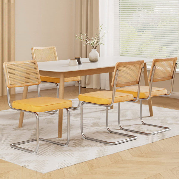 Artiss Velvet Rattan Set Of Four Yellow Furniture Dining Chairs