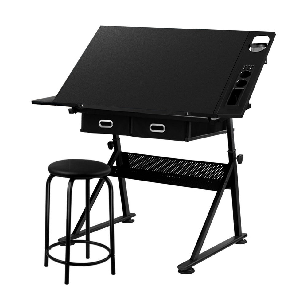 Artiss Drawing Desk Stool Set Drafting Table Adjustable Angle Tilt Drawers Black Drawing Boards & Tables