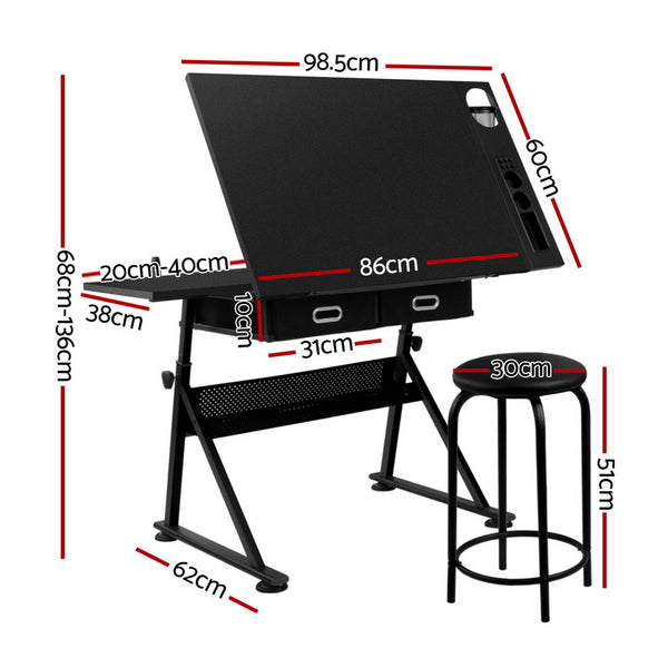 Artiss Drawing Desk Stool Set Drafting Table Adjustable Angle Tilt Drawers Black Drawing Boards & Tables
