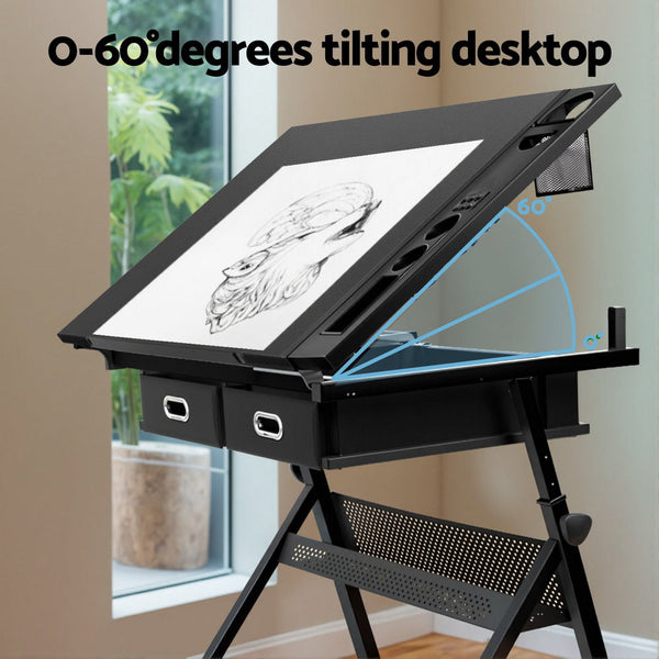 Artiss Drawing Desk Stool Set Drafting Table Adjustable Angle Tilt Drawers Black Drawing Boards & Tables