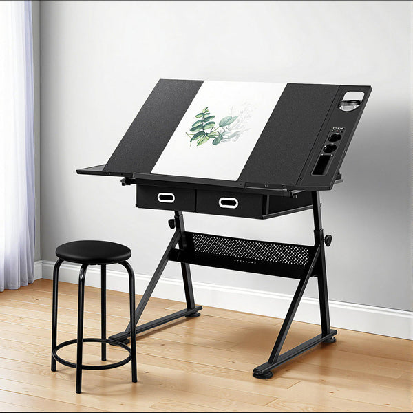 Artiss Drawing Desk Stool Set Drafting Table Adjustable Angle Tilt Drawers Black Drawing Boards & Tables