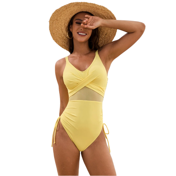 Drawstring Ruched V Neck One Piece Swimwear