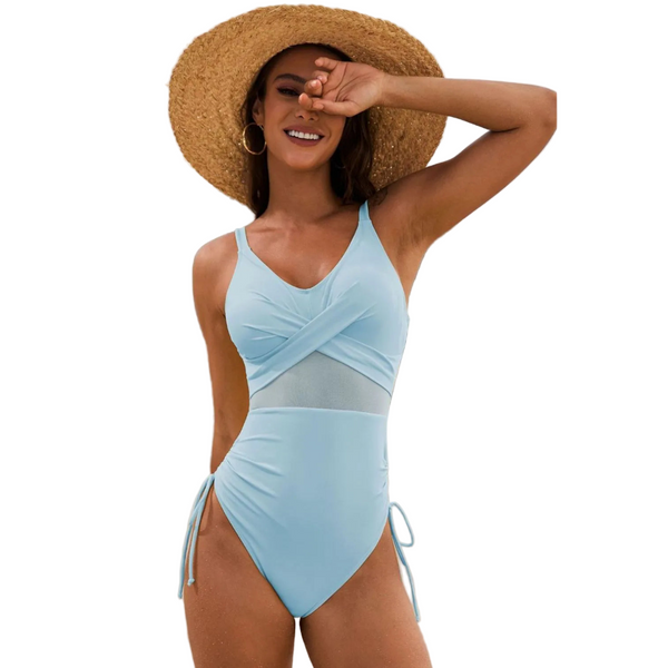 Drawstring Ruched V Neck One Piece Swimwear