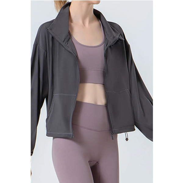 Drawstring Zip Up Dropped Shoulder Active Outerwear Hoodies & Sweatshirts