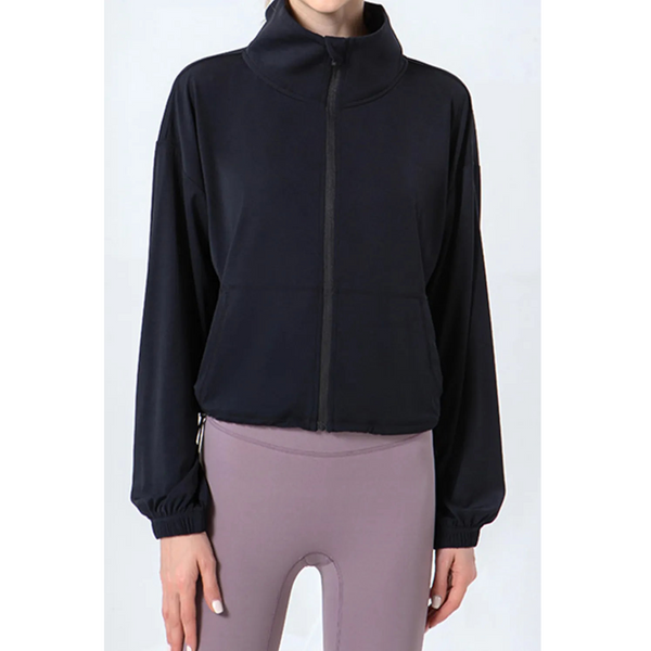 Drawstring Zip Up Dropped Shoulder Active Outerwear Hoodies & Sweatshirts