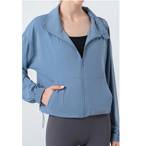 Drawstring Zip Up Dropped Shoulder Active Outerwear Hoodies & Sweatshirts