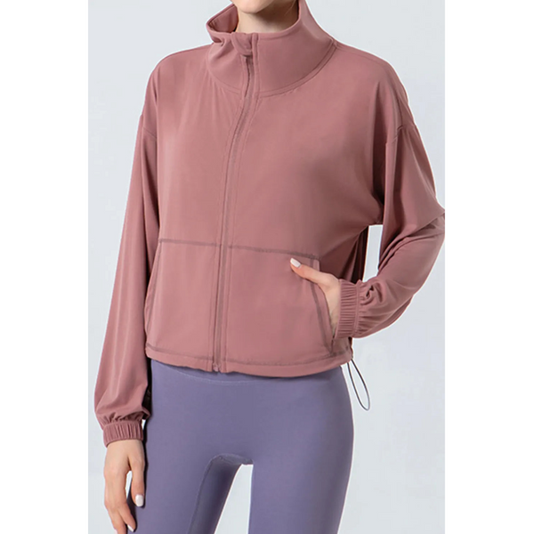 Drawstring Zip Up Dropped Shoulder Active Outerwear Hoodies & Sweatshirts