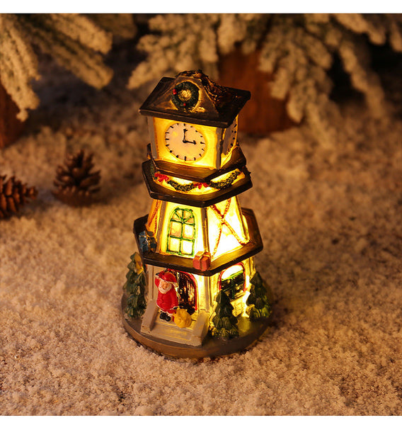 Creative Led Resin Mini House Decoration Illuminated Clock Tower For Christmas Holiday Gift Seasonal Decorations